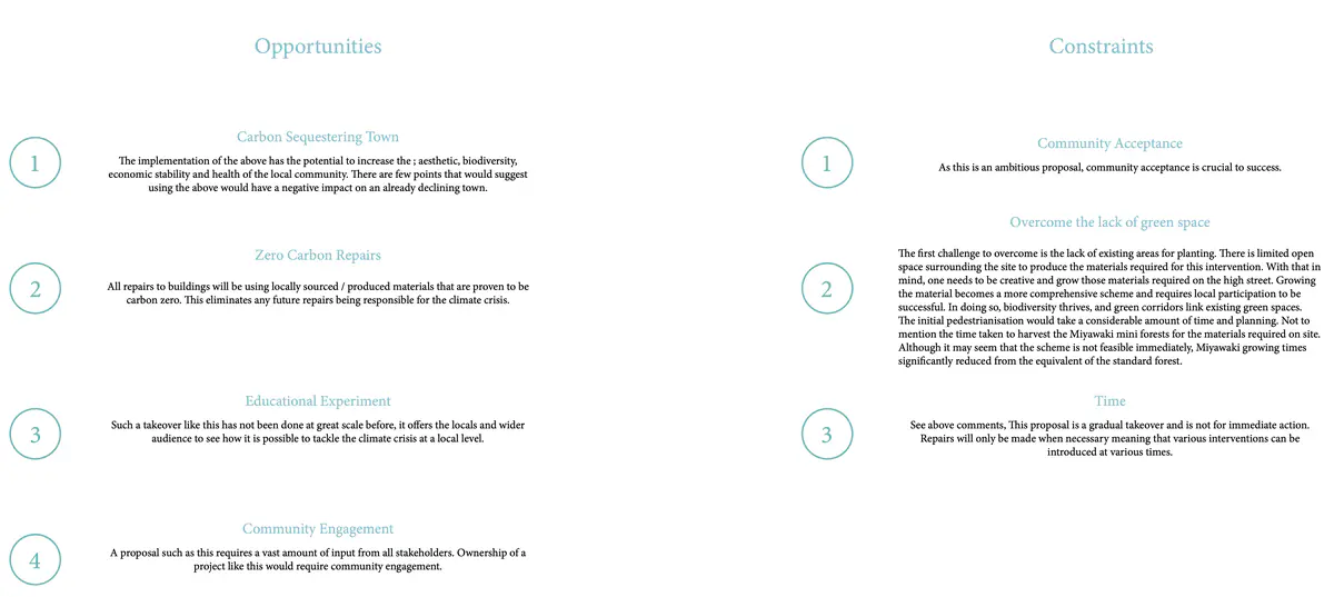Explore The History Of Site Voids - This will provide an opportunity to reimplement these to allow vertical green corridors to occur.

Explore Vacant Buildings - To avoid damaging an already deteriorating high street, I aim only to take over vacant plots.

Investigate the opportunity for Miyawaki planting - understand the conditions required to grow a sustainable material source on-site, including ground, water, and space conditions.

It takes over a building that leads directly to an open space where a community hub is the centre of the thesis, offering education, community engagement and material celebration. - Ryan Cooksey Material Celebration Hub 19.png